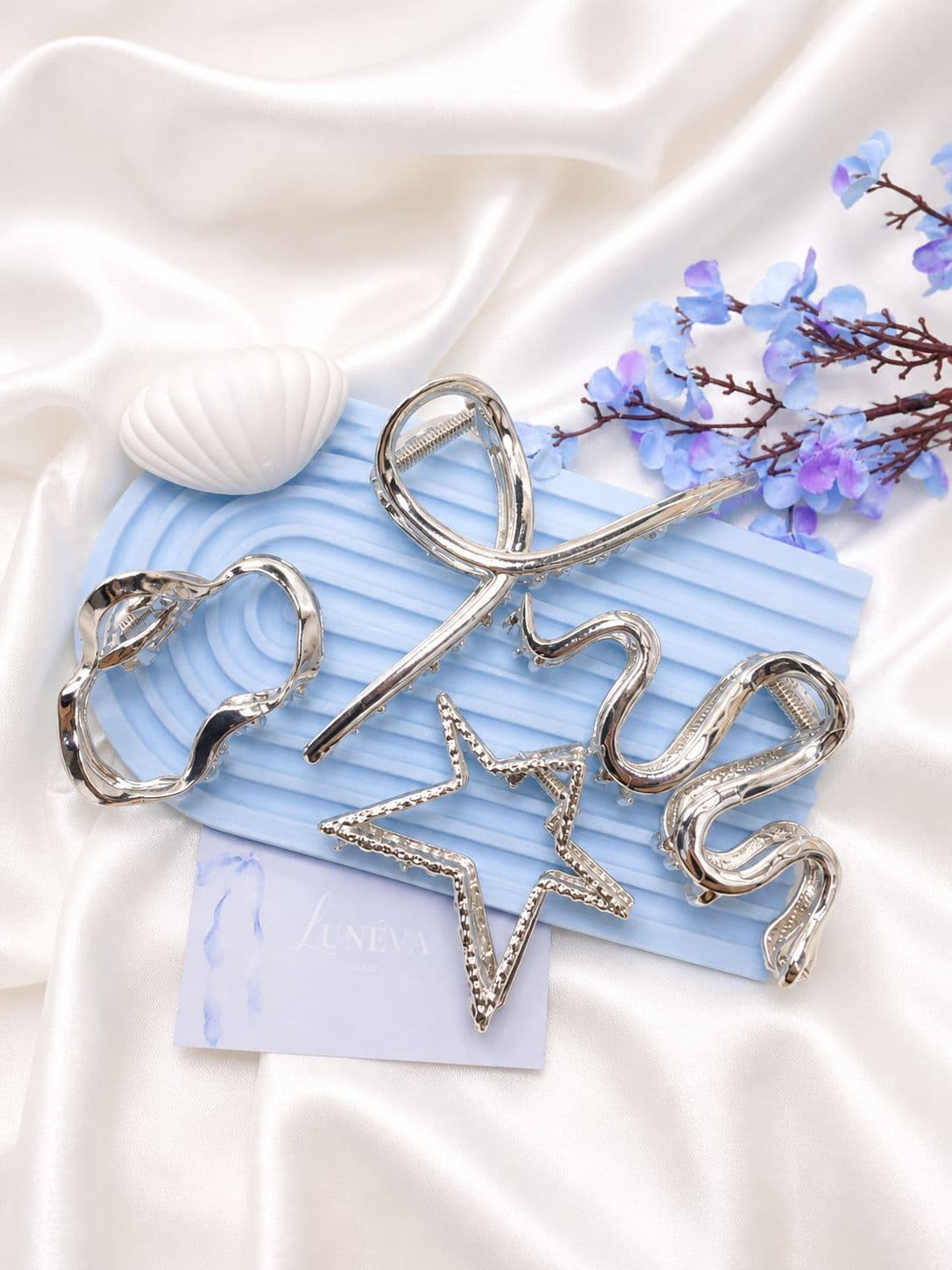 Jepit Rambut Silver Metal Star Ribbon Wave